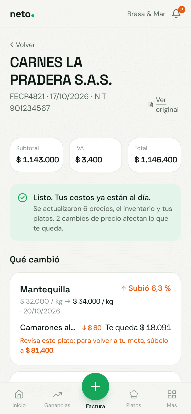 Factura de Carnes La Pradera leída por neto, con los precios que cambiaron